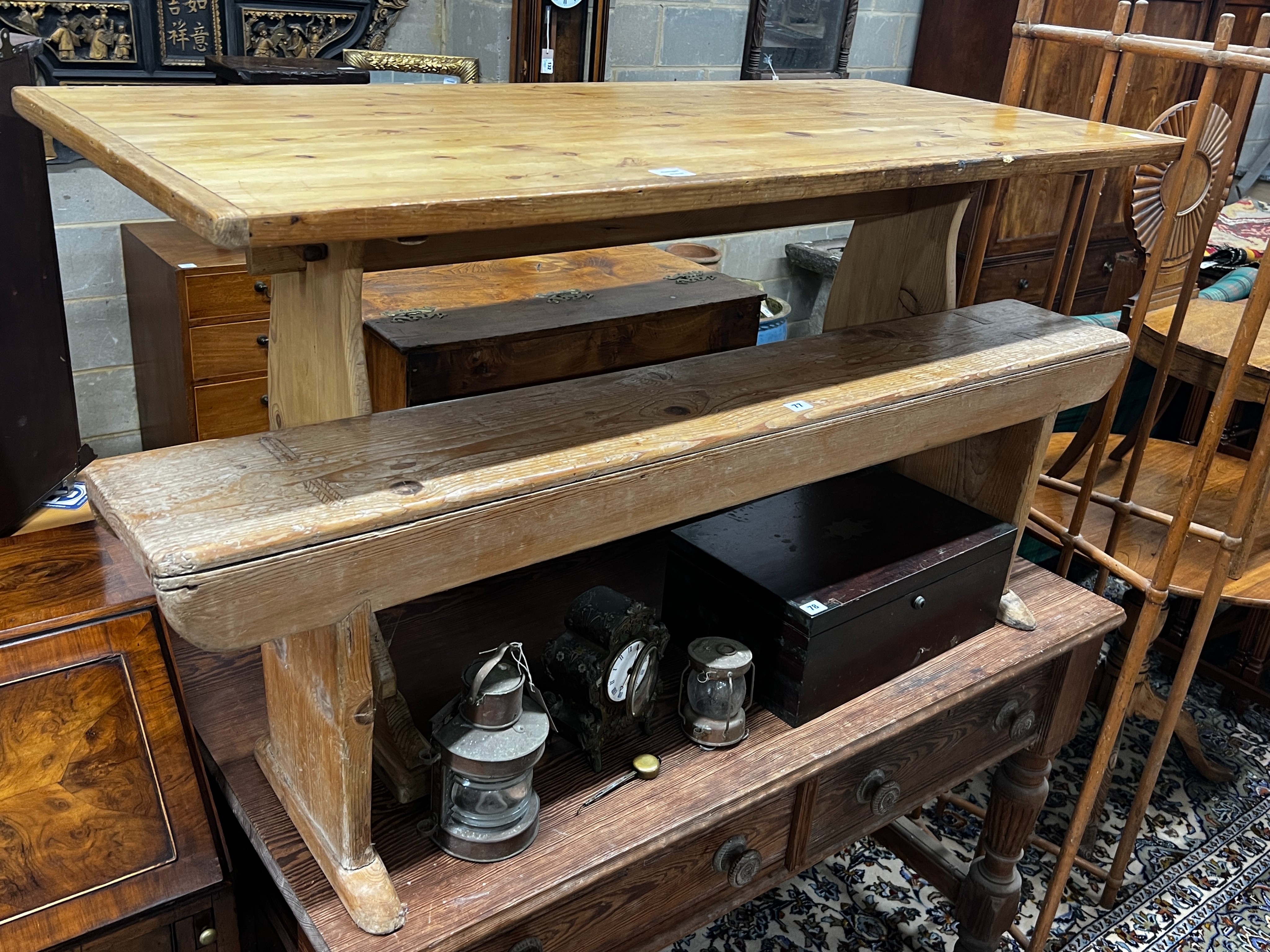 A rectangular pine refectory table, length 150cm, width 67cm, height 72cm and a 19th century pine bench